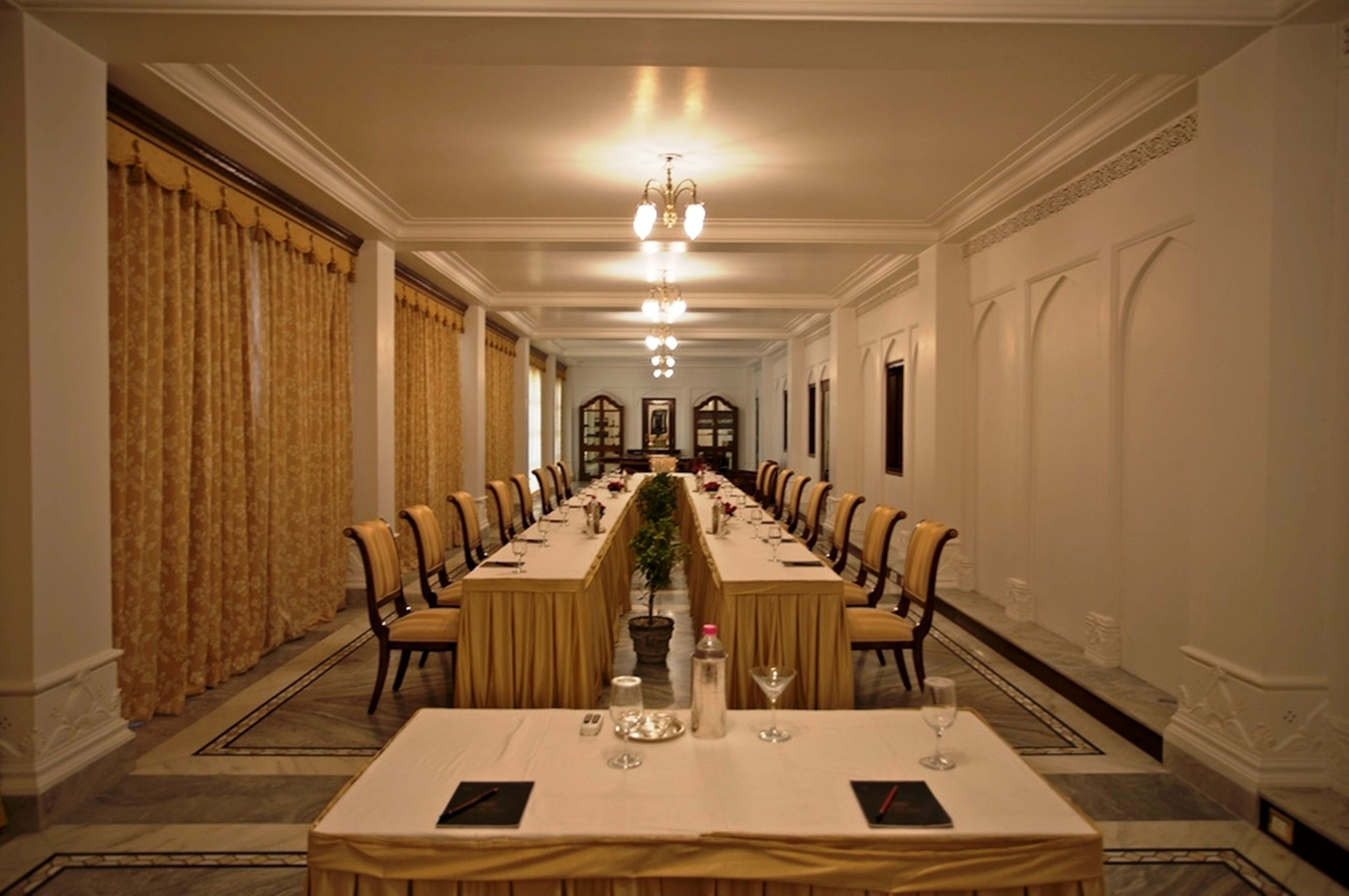 A long dining table with chairs, a chandelier, and a potted plant in the center.