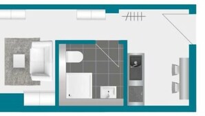 Un plan d’aménagement de chambre d’hôtel comprenant un lit, un bureau, une salle de bain et un petit coin salon.