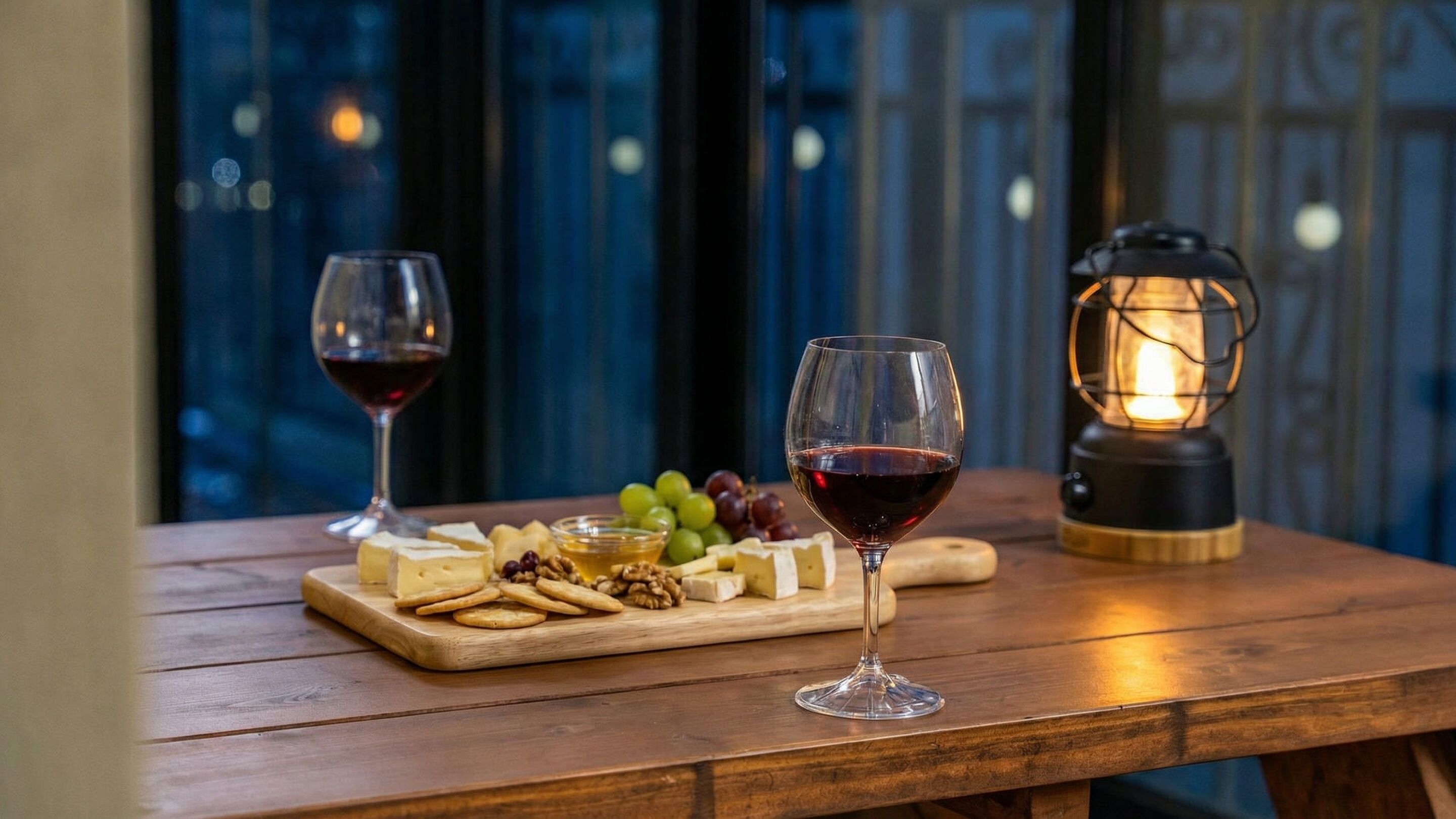 A wooden table with a cheese board, grapes, and wine glasses. A lit lantern is in the background.
