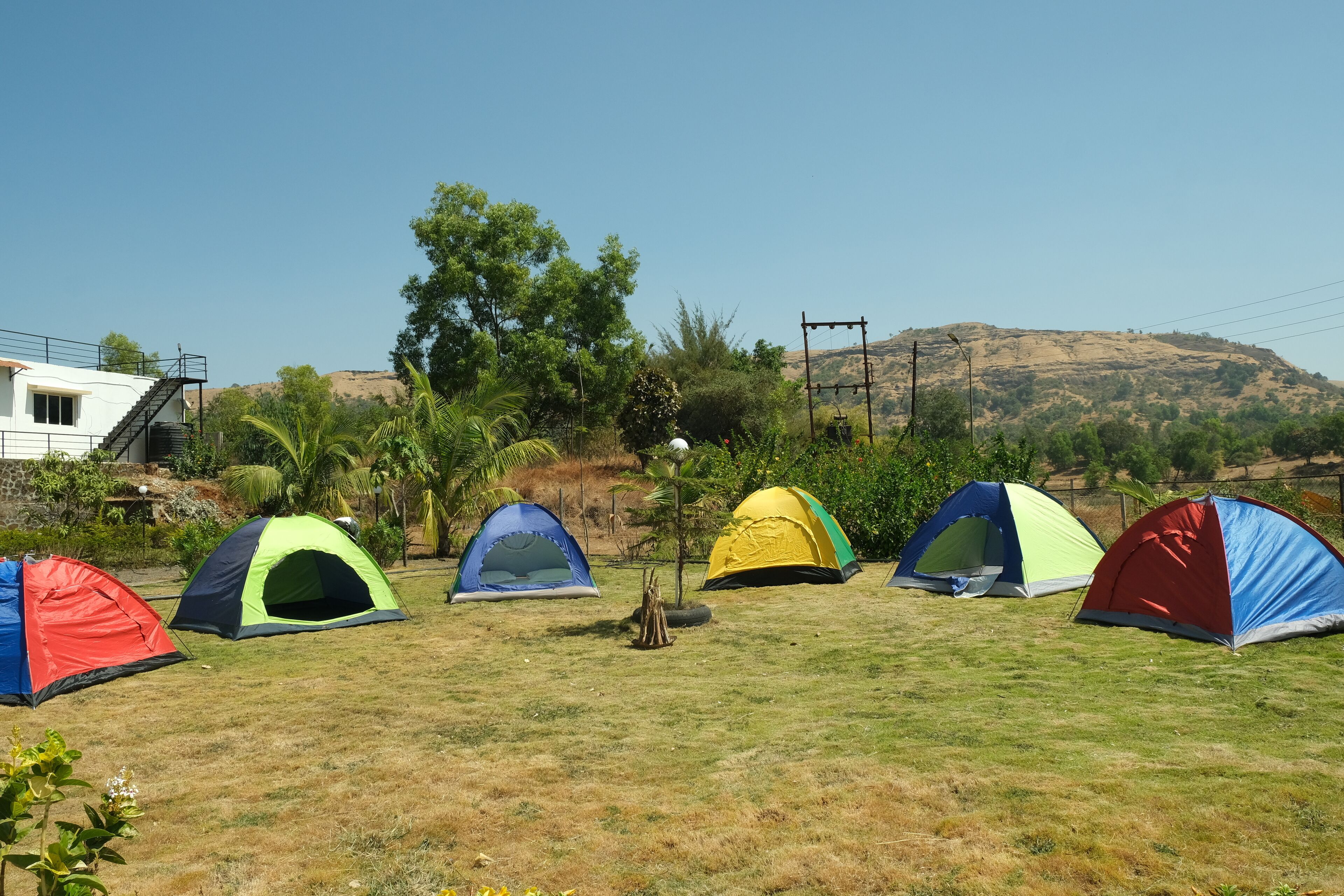 A grassy area with several colorful tents.