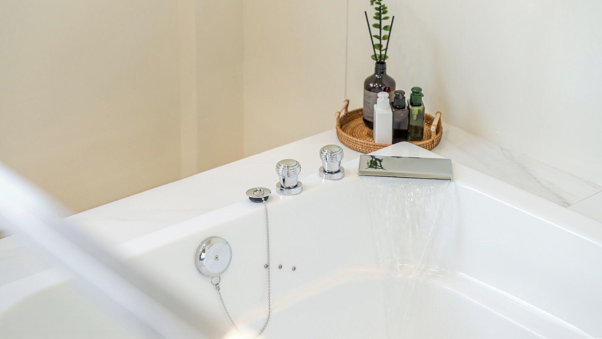 Une baignoire blanche équipée d’un pommeau de douche, d’un flexible de douche et d’un appareil de massage portatif. On aperçoit, à l’arrière-plan, des bouteilles de savon et une plante.