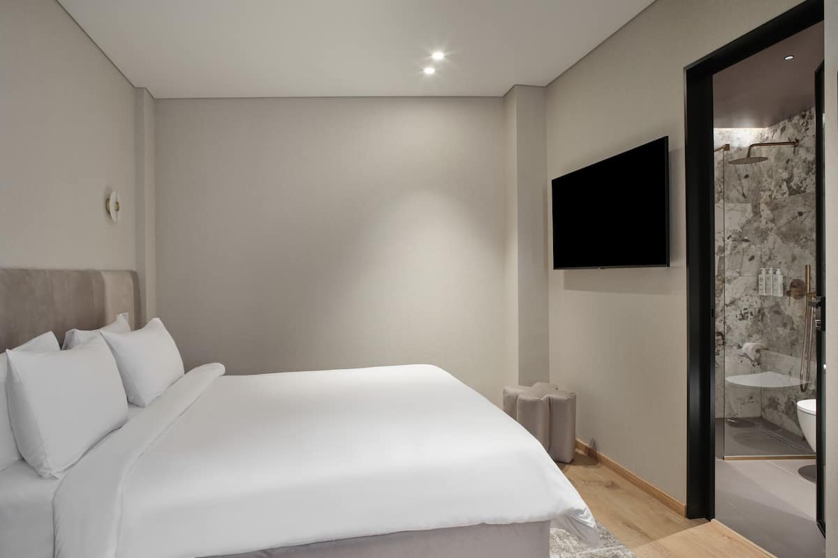 A modern bedroom with a large bed, a flat-screen TV mounted on the wall, and a glass-enclosed shower area.