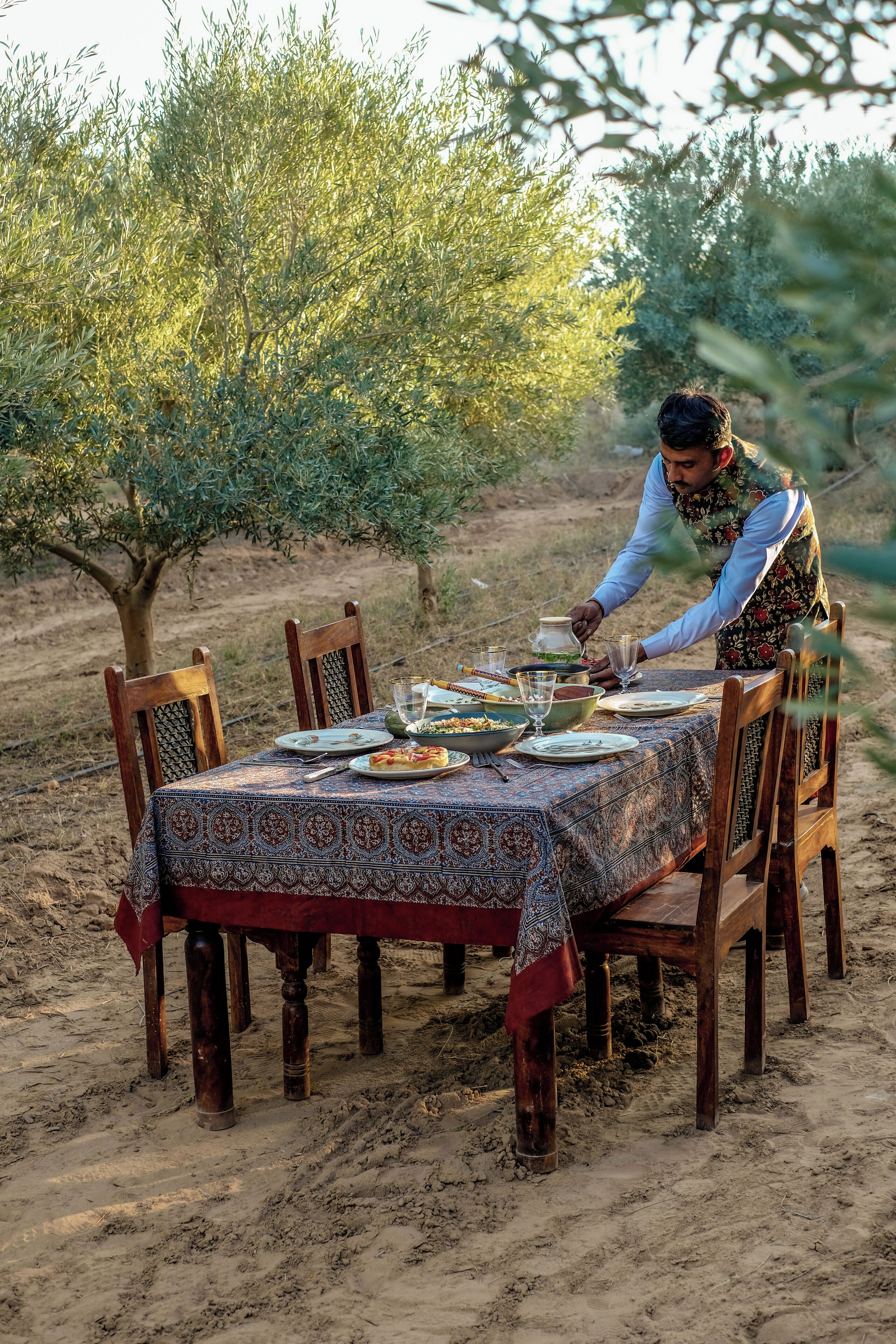 A dining table set outdoors with chairs, a person serving food, and an olive tree in the background.