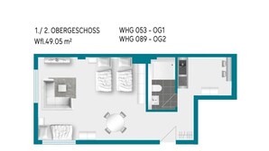 Distribución de un apartamento de dos habitaciones, con sala de estar, kitchenette y habitaciones separadas.