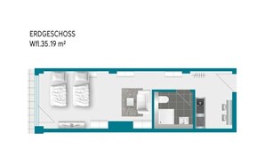A floor plan of a hotel room with a bed, a desk, a chair, a small table, and a bathroom. - Fabella Flats Forchheim - 20 (Forchheim)