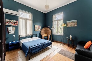 A bedroom with a bed, a chair, a desk, and a window. - Acropolis Masterpiece Neoclassical Mansion (Athina)