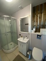Un baño con ducha de vidrio, un lavabo blanco con espejo y un inodoro.