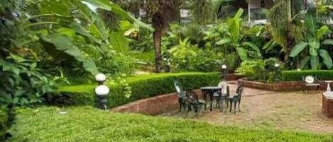 Zona de jardí amb taula i caires, envoltada de vegetació exuberant i palmeres.