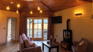 A cozy living room with a wooden ceiling, a fireplace, a sofa, and a television.