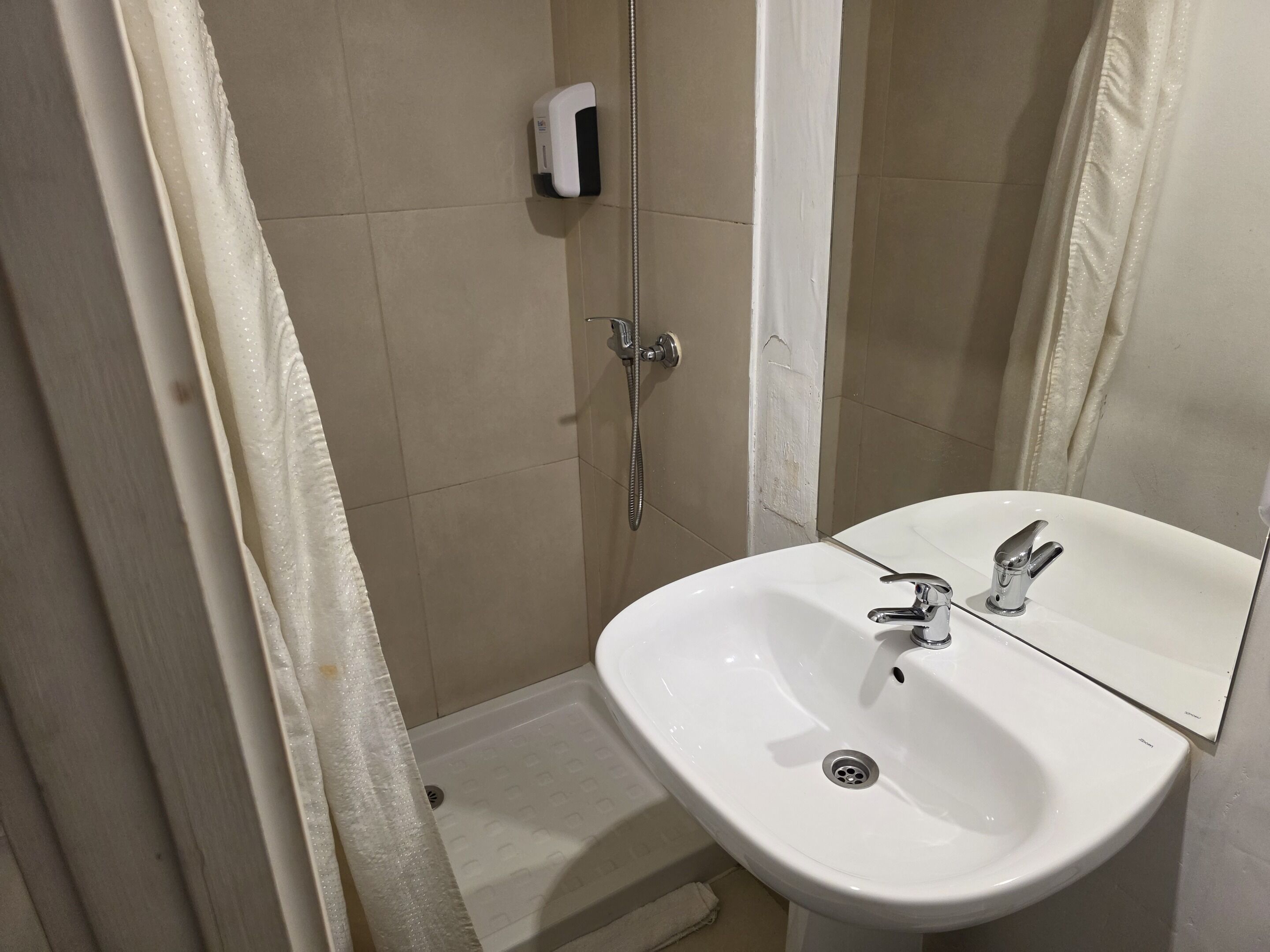 A bathroom with a white sink, a mirror, and a shower with a handheld showerhead.