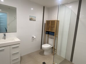 Ducha, secador de pelo, toallas, jabón