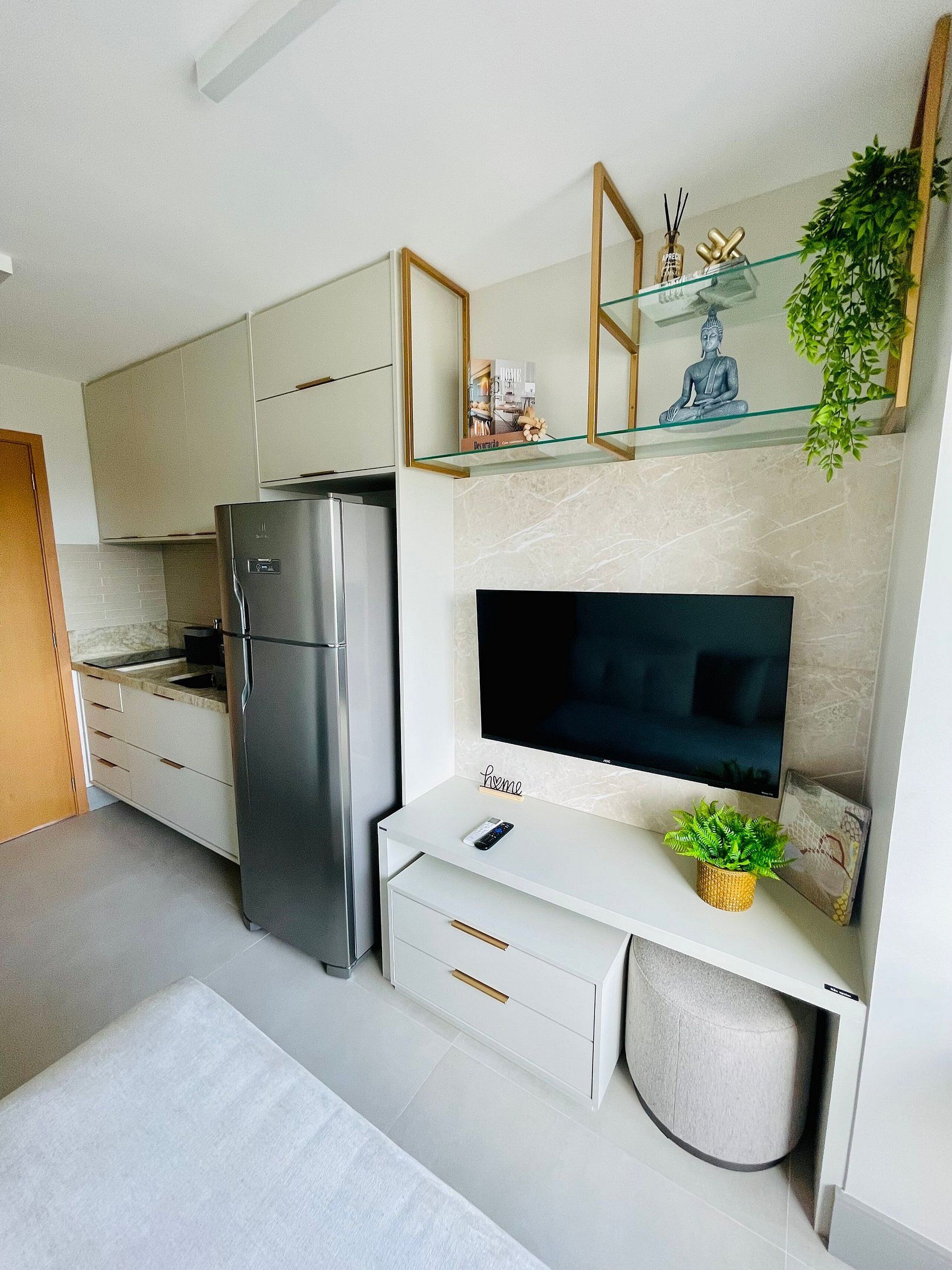 A modern kitchen with a built-in refrigerator, a flat-screen TV, and a small plant on the counter.