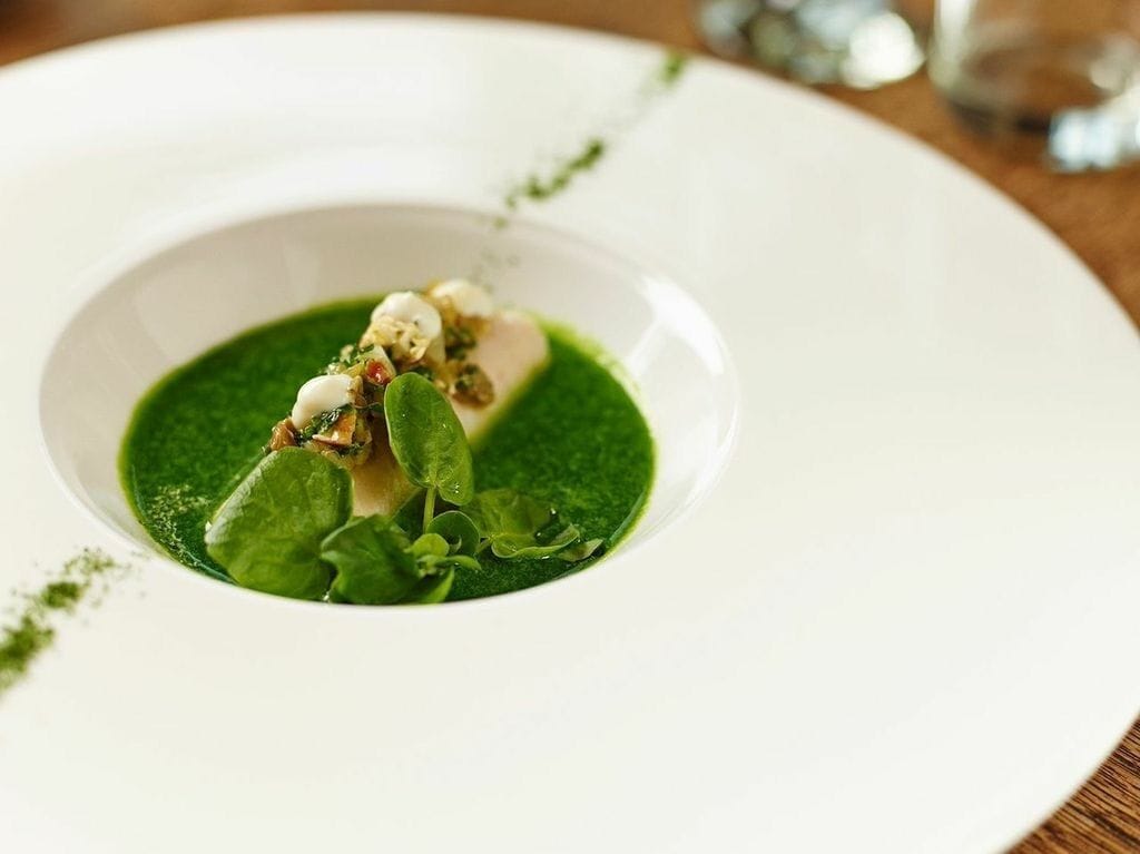 Ein weißer Teller mit grüner Soße und einem weißen Gericht, möglicherweise Fisch, auf einem Holztisch.