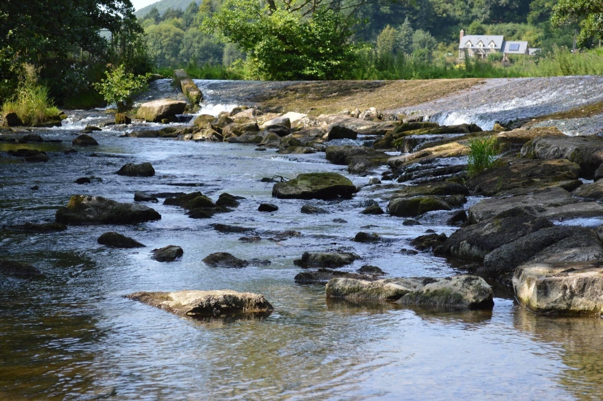 A river with rocks and a house in the background.