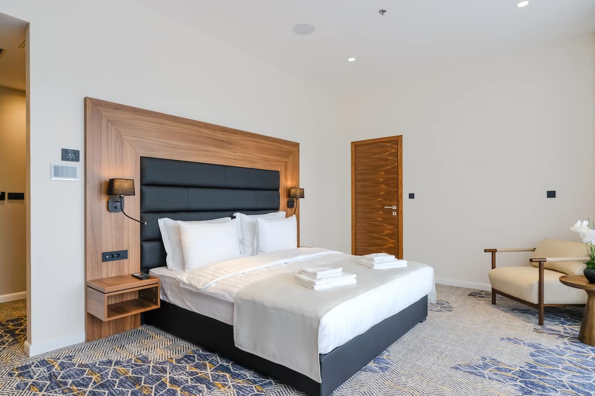 A modern hotel room with a large bed, bedside tables, a wooden headboard, and a patterned carpet.