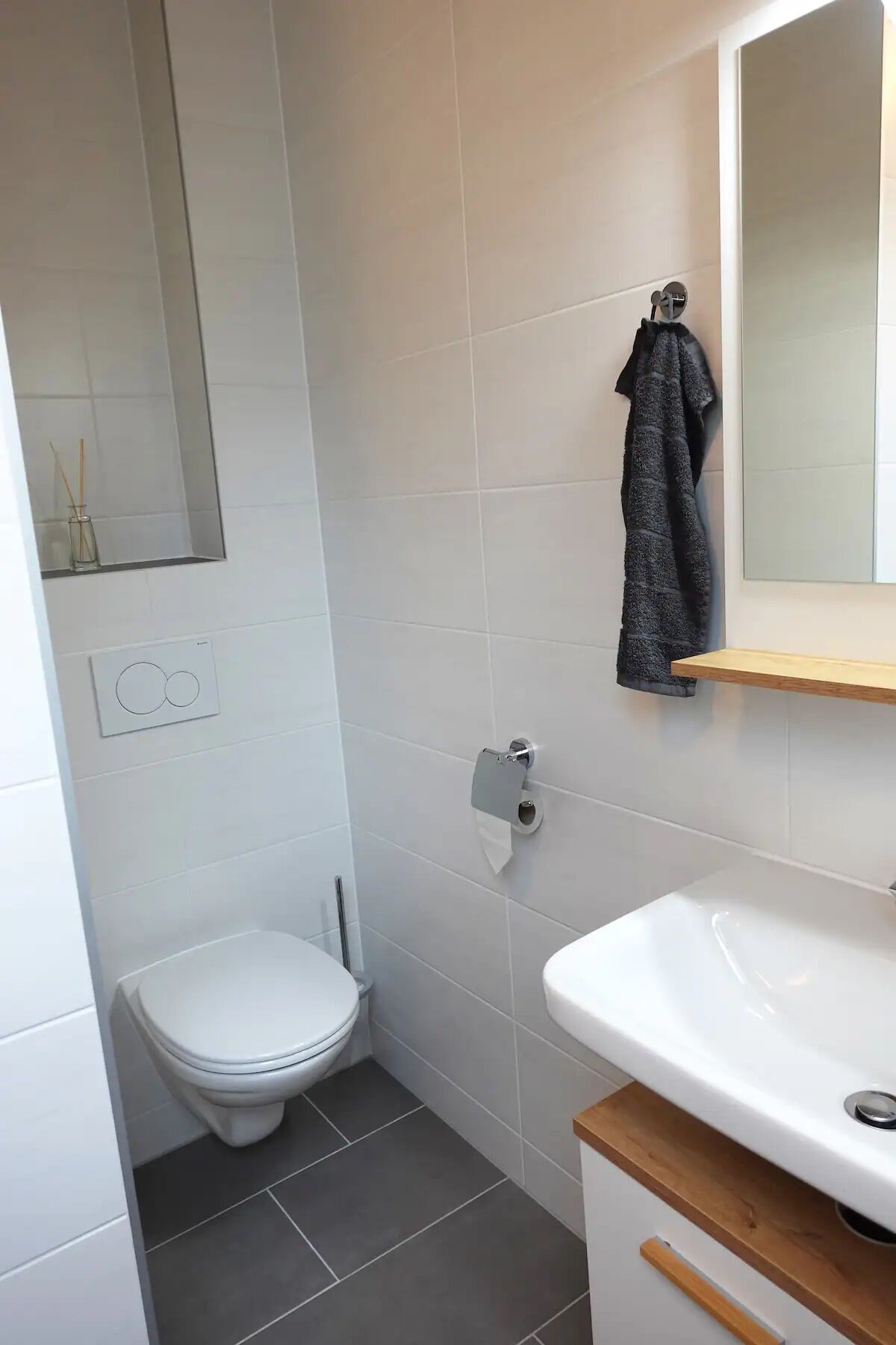A bathroom with a toilet, a sink, a towel rack, and a mirror.