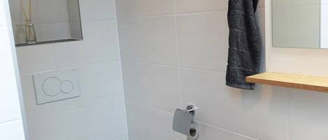 A bathroom with a toilet, a sink, a towel rack, and a mirror.