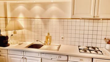 Fridge, microwave, oven, cookware/dishes/utensils