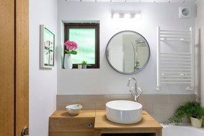 Hair dryer, towels, soap