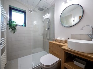 Hair dryer, towels, soap