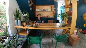 A cozy café with a curved wooden counter, green chairs, and shelves with pottery and plants. - Residencial Casa Flor Atelier Botânico, Ponta Negra (Natal)