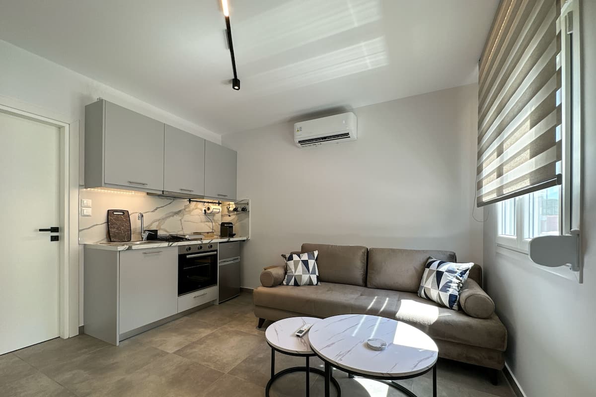 Un espacio habitable pequeño con kitchenette, un sofá y una mesita.