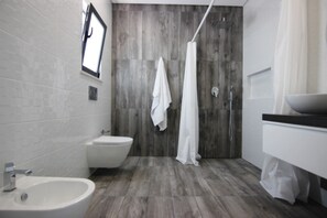 Chuveiro, secador de cabelo, toalhas de banho, shampoo