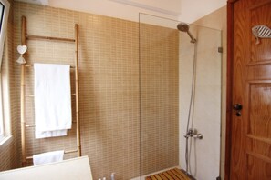 Douche, séchoir à cheveux, serviettes fournies, shampooing