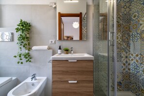 Shower, hair dryer, bidet, towels