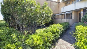 A pathway flanked by well-maintained hedges and a large tree, leading to a building with a flat roof and a balcony. - Dea Fertilia. Terraced house few steps from the sea. (Fertilia)