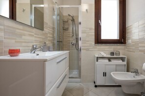 Shower, hair dryer, bidet, towels