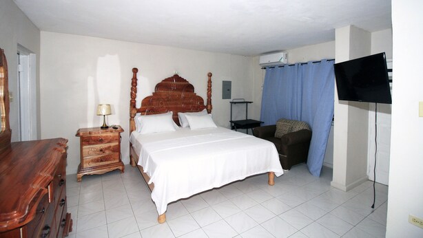 A bedroom with a wooden bed, a nightstand with a lamp, a TV on a stand, and a chair.