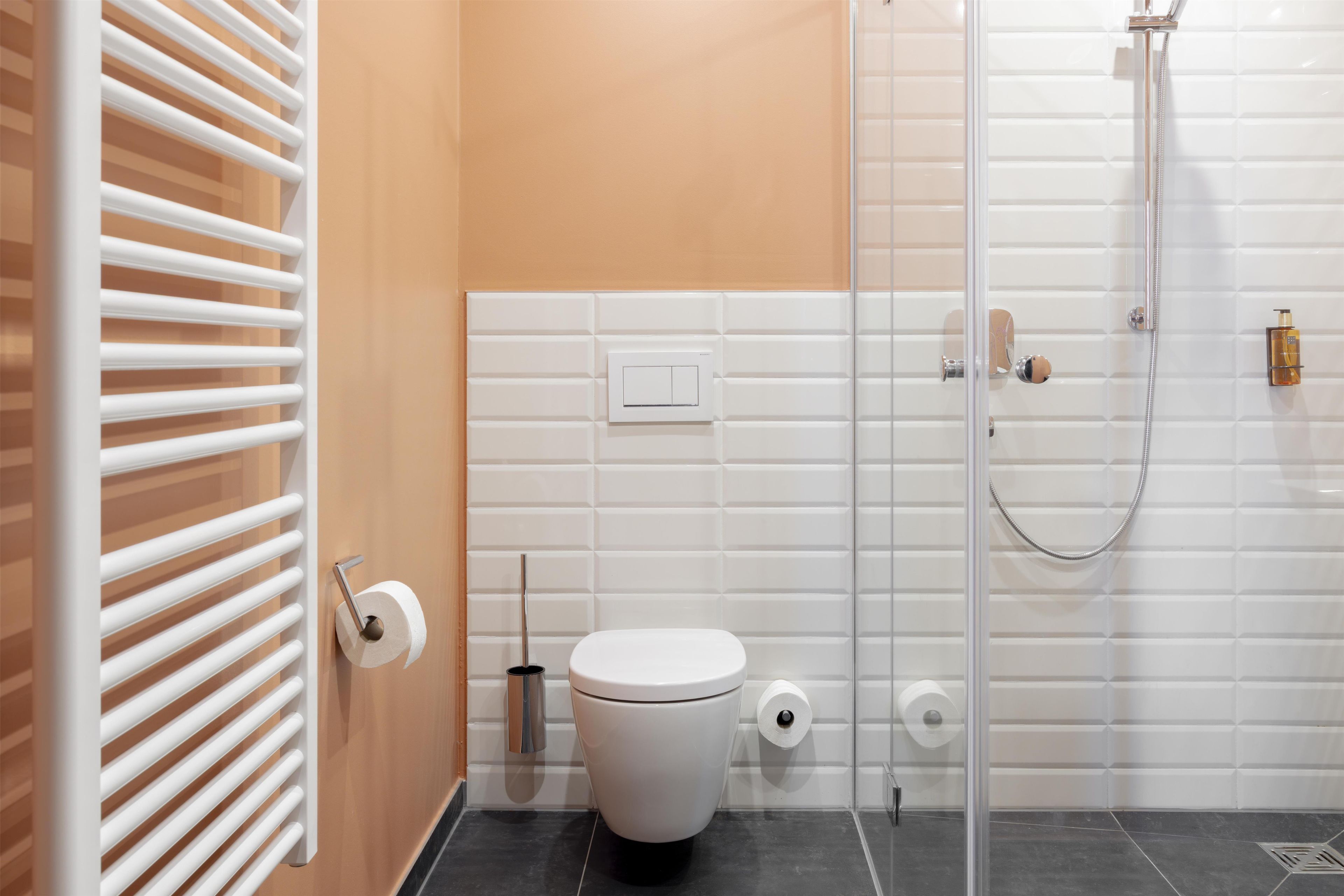 A modern bathroom with a toilet, a shower, and a towel rack.