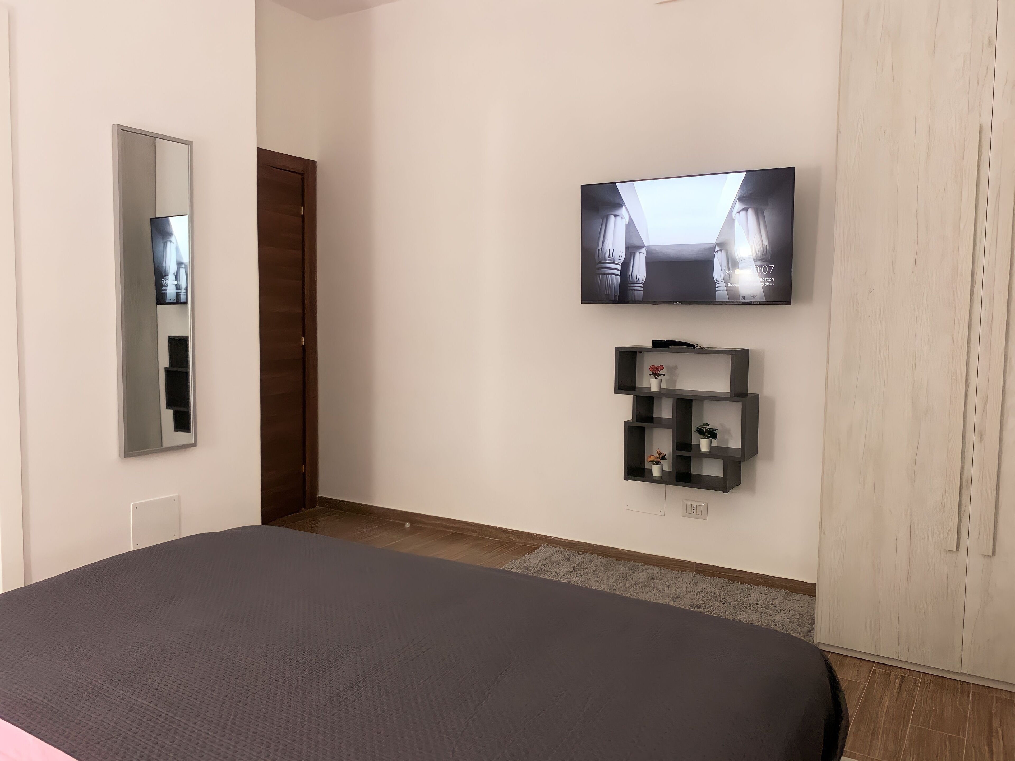A bedroom with a bed, a TV mounted on the wall, a mirror, and a small shelf with plants.