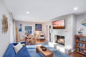 Smart TV, fireplace, books