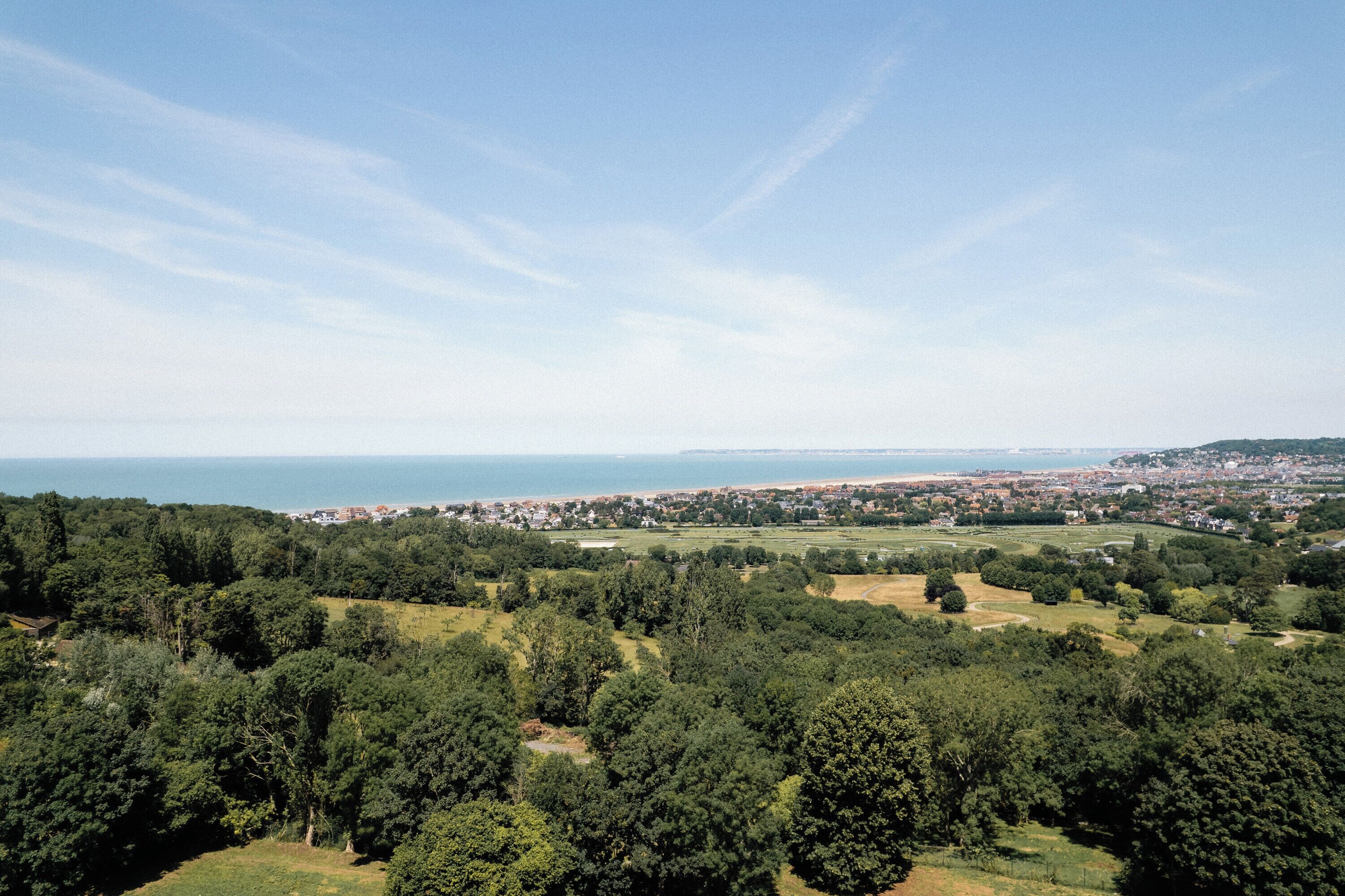 A panoramic view of a coastal town with dense greenery, a beach, and a clear sky.