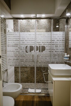 A modern bathroom with a glass shower enclosure, a white sink, and a bidet.