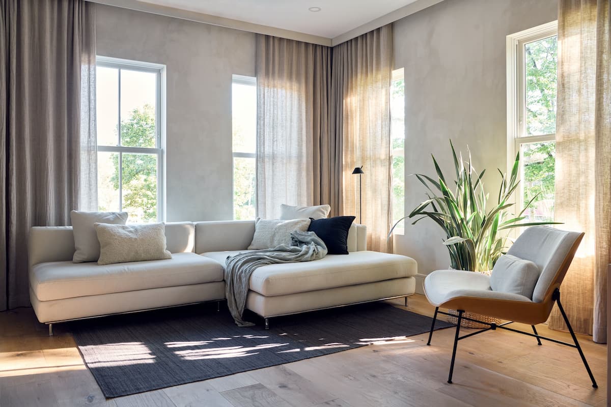 A modern living room with a sectional sofa, a single armchair, and a large plant.
