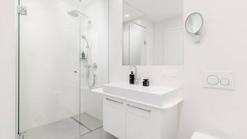 A modern bathroom with a glass shower enclosure, a white sink with a mirror, and a toilet.