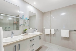 Shower, hair dryer, shampoo