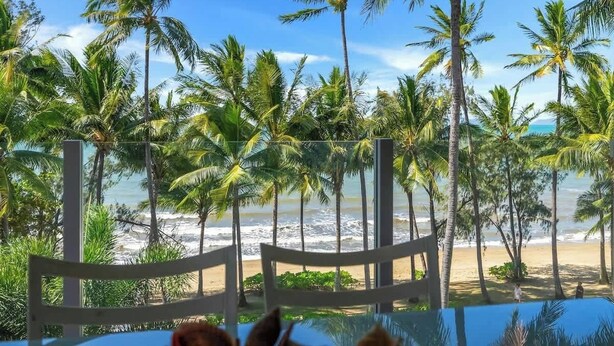 A beach view with palm trees and a wooden chair.
