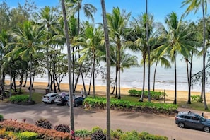 Vista sulla spiaggia con palme, una strada e auto parcheggiate.