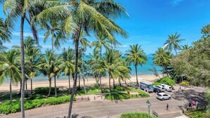 A beachside view with palm trees, a parking area, and a clear blue sky. - Opal Dreams—Your Gateway to Beachfront Bliss (Palm Cove)