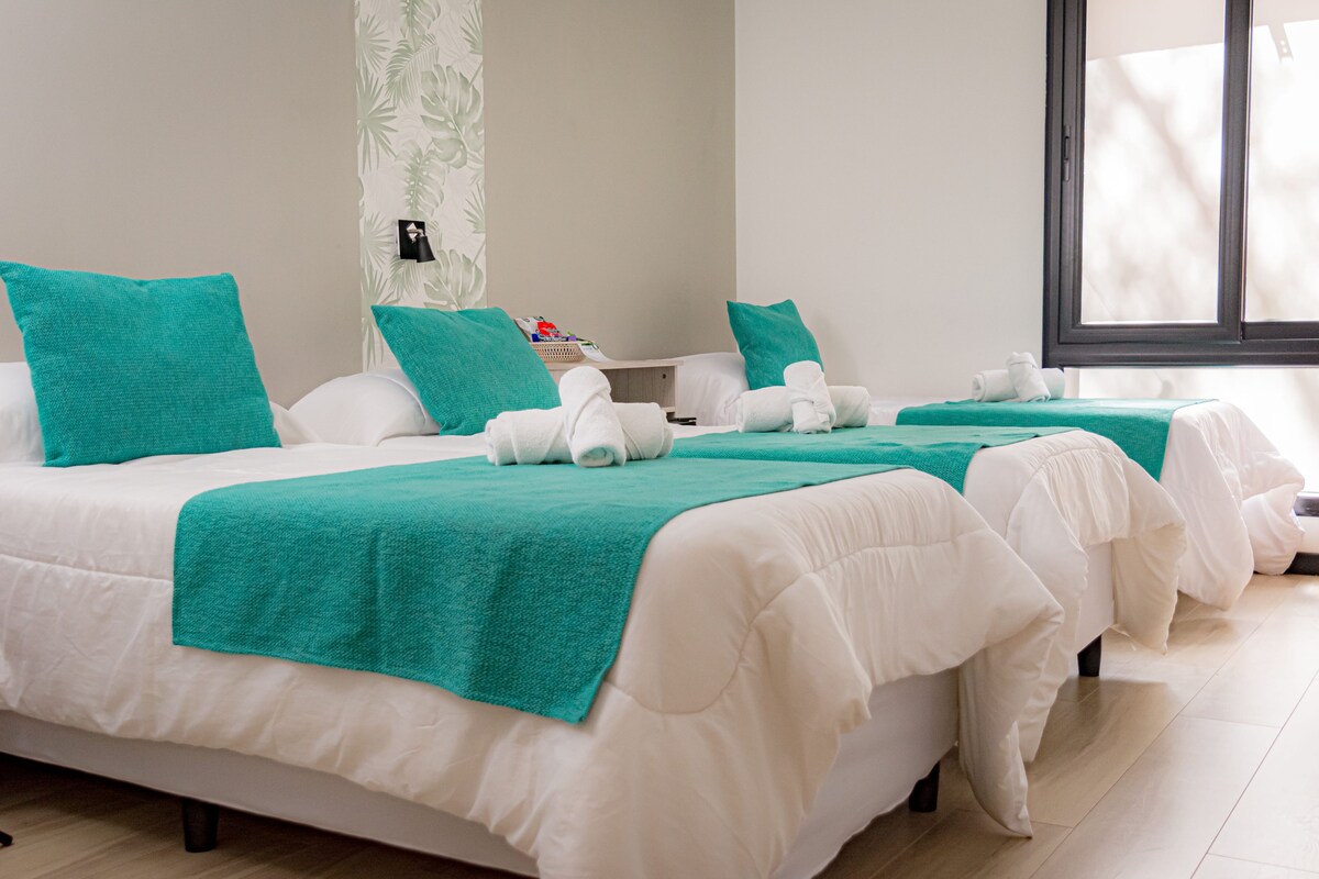 Une chambre d’hôtel avec deux lits, chacun agrémenté de draps blancs et d’oreillers turquoise, et une grande fenêtre laissant entrer la lumière naturelle.