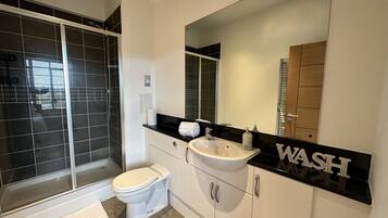 Hair dryer, towels, soap, toilet paper