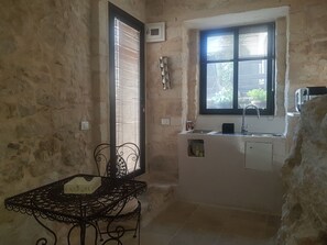 Shower, hair dryer, bidet, towels