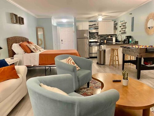 Studio Charm w/ Deck, Fireplace & Fooseball!: Walk to Beach, Boardwalk & Dining!