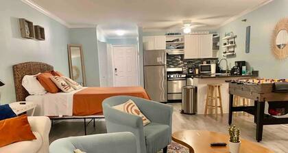 Studio Charm w/ Deck, Fireplace & Fooseball!: Walk to Beach, Boardwalk & Dining!