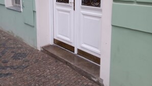 Une entrée d’immeuble avec une façade verte, des portes blanches et un portail en métal.