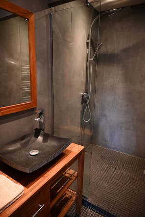 Hair dryer, towels, soap, shampoo